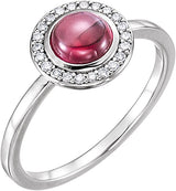 14K Gold Oval Natural Rhodolite Garnet & Natural Diamond Halo-Style Cabochon Ring - White Gold