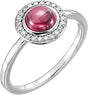 Platinum Oval Natural Rhodolite Garnet & Natural Diamond Halo-Style Cabochon Ring