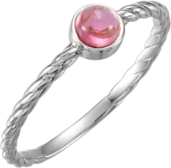 14K Gold Round Natural Pink Tourmaline Bezel-Set Rope Ring - White Gold