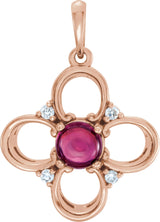 14K Gold Round Natural Pink Tourmaline & Natural Diamond Clover Pendant - Rose Gold