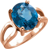 14K Gold Oval Natural London Blue Topaz Solitaire Ring - Rose Gold