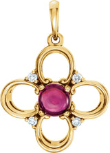 14K Gold Round Natural Pink Tourmaline & Natural Diamond Clover Pendant - Yellow Gold