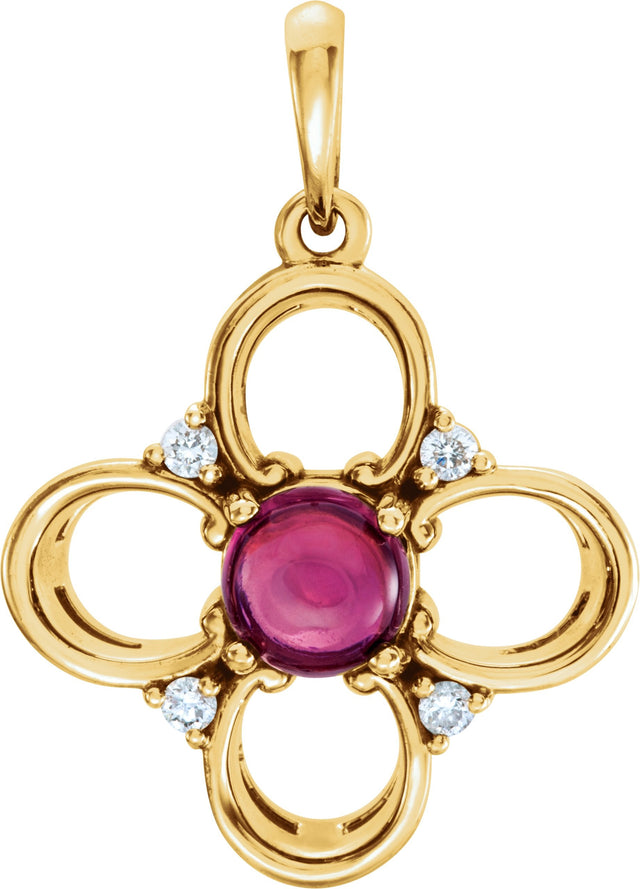 14K Gold Round Natural Pink Tourmaline & Natural Diamond Clover Pendant - Yellow Gold