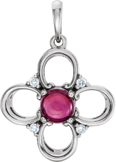 14K Gold Round Natural Pink Tourmaline & Natural Diamond Clover Pendant - White Gold