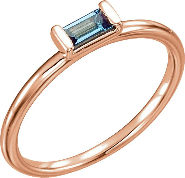 14K Gold Straight Baguette Natural London Blue Topaz Baguette Stackable Ring - Rose Gold