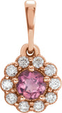 14K Gold Round Natural Pink Tourmaline & Natural Diamond Halo-Style Pendant