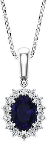 14K Gold Oval Lab-Grown Blue Sapphire & Natural Diamond Halo-Style Necklace or Pendant – 1/3 CTW - White Gold