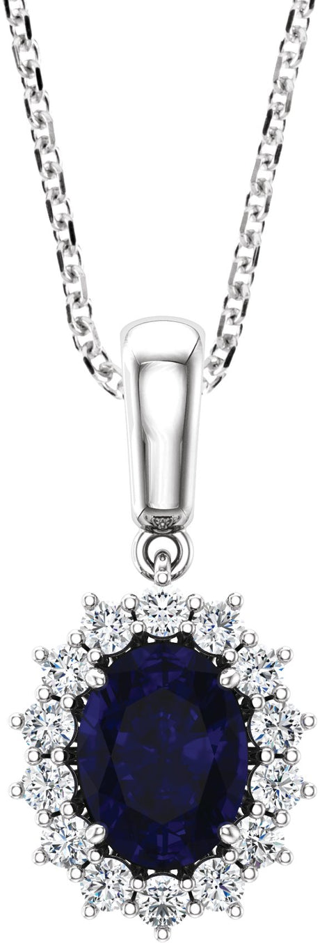 14K Gold Oval Lab-Grown Blue Sapphire & Natural Diamond Halo-Style Necklace or Pendant – 1/3 CTW - White Gold