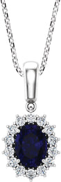 14K Gold Oval Lab-Grown Blue Sapphire & Natural Diamond Halo-Style Necklace or Pendant – 1/3 CTW - White Gold