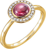 14K Gold Oval Natural Rhodolite Garnet & Natural Diamond Halo-Style Cabochon Ring - Yellow Gold