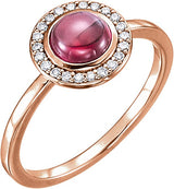 14K Gold Oval Natural Rhodolite Garnet & Natural Diamond Halo-Style Cabochon Ring - Rose Gold