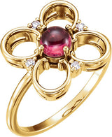 14K Gold Round Natural Pink Tourmaline & Natural Diamond Clover Cabochon Ring - Yellow Gold