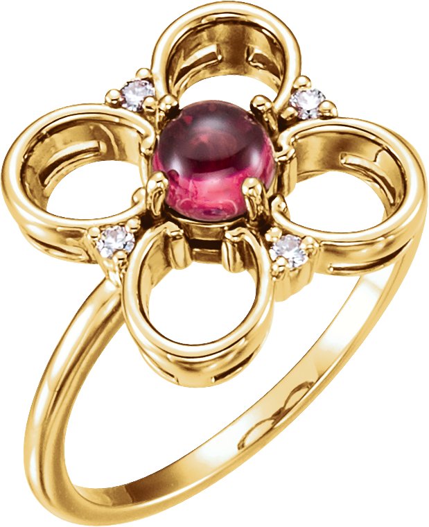 14K Gold Round Natural Pink Tourmaline & Natural Diamond Clover Cabochon Ring - Yellow Gold