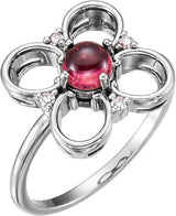 14K Gold Round Natural Pink Tourmaline & Natural Diamond Clover Cabochon Ring - White Gold