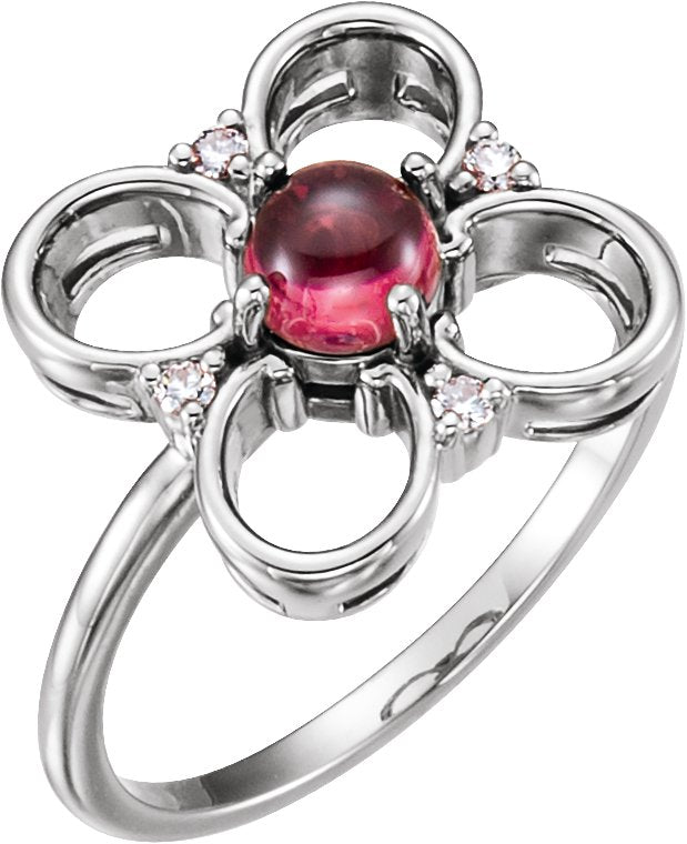 14K Gold Round Natural Pink Tourmaline & Natural Diamond Clover Cabochon Ring - White Gold