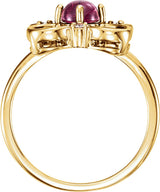 14K Gold Round Natural Pink Tourmaline & Natural Diamond Clover Cabochon Ring - Yellow Gold - view 2