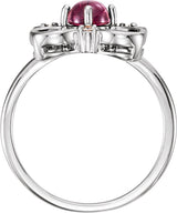 14K Gold Round Natural Pink Tourmaline & Natural Diamond Clover Cabochon Ring - White Gold - view 2