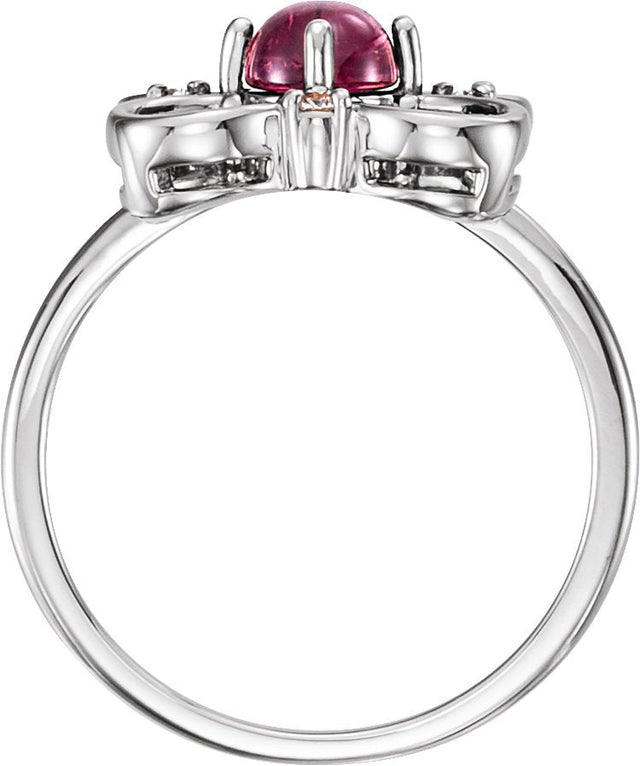 14K Gold Round Natural Pink Tourmaline & Natural Diamond Clover Cabochon Ring - White Gold - view 2