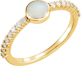 14K Gold Round Natural White Opal & Natural Diamond Accented Cabochon Ring - Yellow Gold