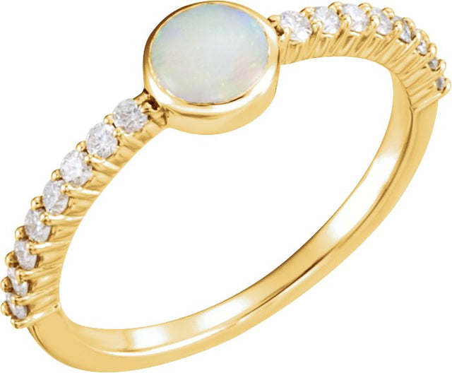 14K Gold Round Natural White Opal & Natural Diamond Accented Cabochon Ring - Yellow Gold