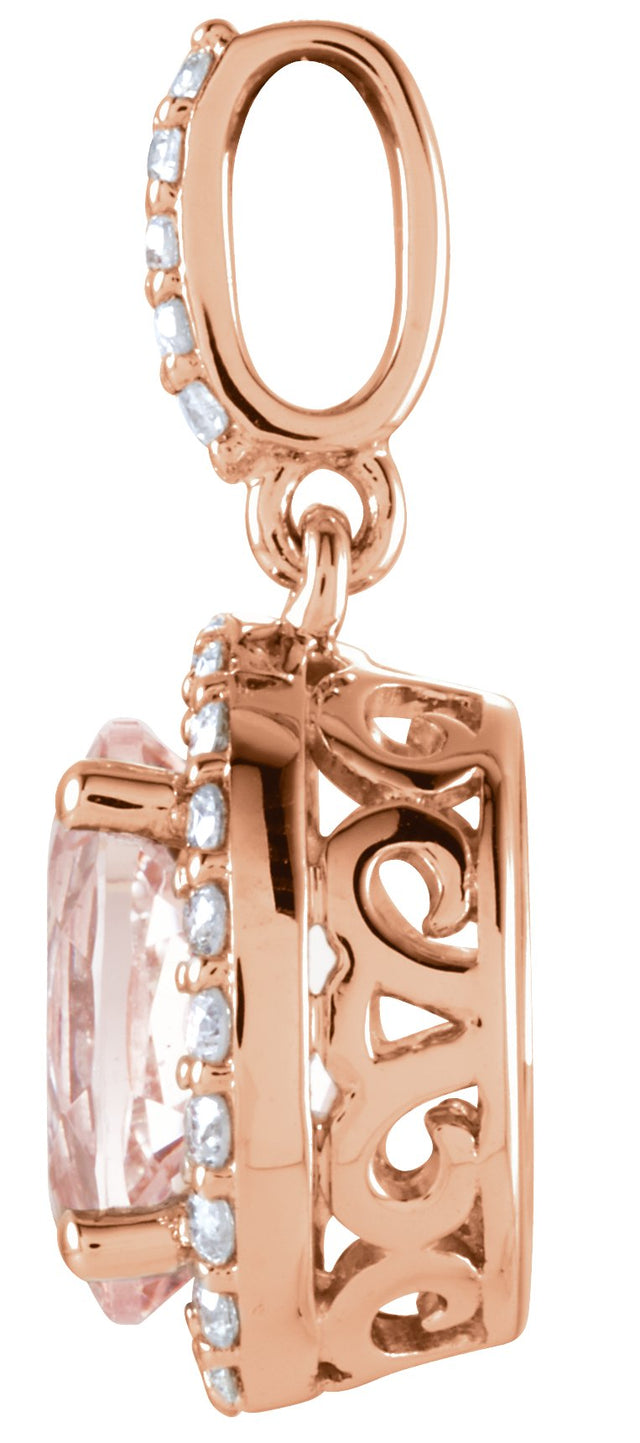 14K Gold Oval Natural Pink Morganite & Natural Diamond Halo-Style Pendant - Rose Gold - view 2
