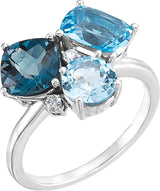 14K Gold Cushion Natural Sky Blue Topaz & Natural Diamond Multi-Shape Cluster Ring - White Gold
