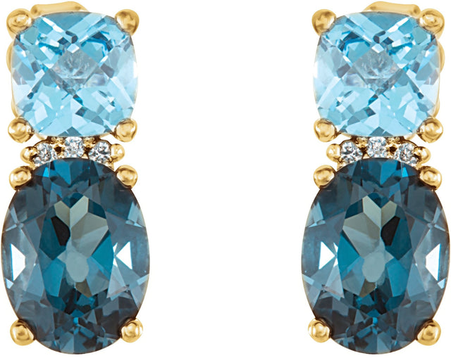 14K Gold Oval Natural London Blue Topaz & Natural Swiss Blue Topaz & Natural Diamond Multi-Shape Earrings - Yellow Gold - view 2