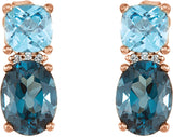 14K Gold Oval Natural London Blue Topaz & Natural Swiss Blue Topaz & Natural Diamond Multi-Shape Earrings - Rose Gold - view 2