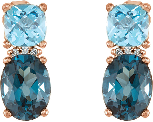 14K Gold Oval Natural London Blue Topaz & Natural Swiss Blue Topaz & Natural Diamond Multi-Shape Earrings - Rose Gold - view 2
