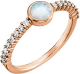 14K Gold Round Natural White Opal & Natural Diamond Accented Cabochon Ring - Rose Gold