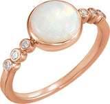 14K Gold Round Natural White Opal & Natural Diamond Bezel-Set Ring - Rose Gold