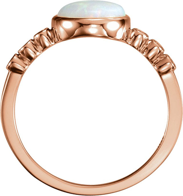 14K Gold Round Natural White Opal & Natural Diamond Bezel-Set Ring - Rose Gold - view 2