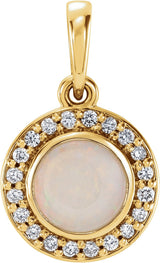 14K Gold Round Natural White Opal & Natural Diamond Bezel-Set Halo-Style Pendant – 0.08 CTW - Yellow Gold