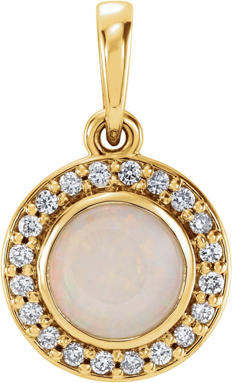 14K Gold Round Natural White Opal & Natural Diamond Bezel-Set Halo-Style Pendant – 0.08 CTW - Yellow Gold
