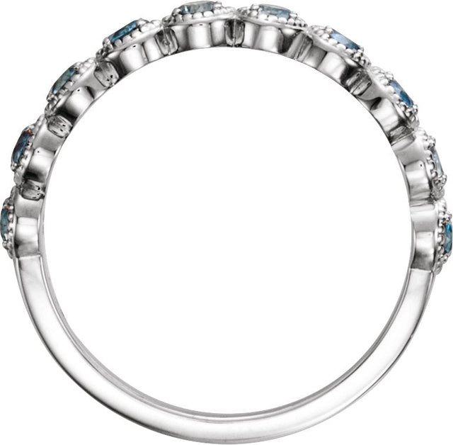 14K Gold Round Natural Aquamarine Beaded Ring – 2.5mm Stones - White Gold - view 2