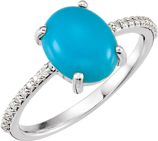 14K Gold Oval Natural Turquoise & Natural Diamond Accented Cabochon Ring - White Gold