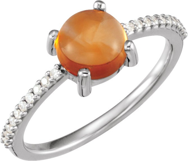 Platinum Round Natural Citrine & Natural Diamond Accented Cabochon Ring
