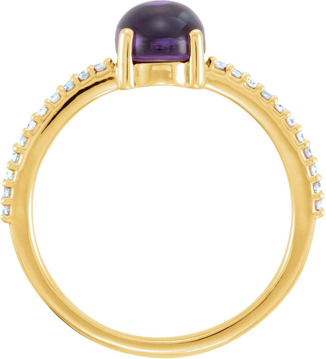 14K Gold Oval Natural Amethyst & Natural Diamond Accented Cabochon Ring - Yellow Gold - view 2
