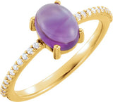 14K Gold Oval Natural Amethyst & Natural Diamond Accented Cabochon Ring - Yellow Gold