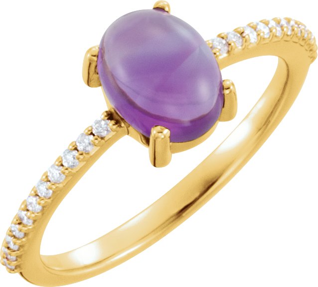 14K Gold Oval Natural Amethyst & Natural Diamond Accented Cabochon Ring - Yellow Gold