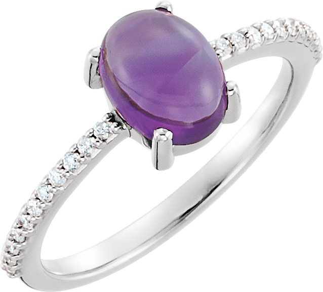 14K Gold Oval Natural Amethyst & Natural Diamond Accented Cabochon Ring - White Gold