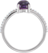14K Gold Oval Natural Amethyst & Natural Diamond Accented Cabochon Ring - White Gold - view 2