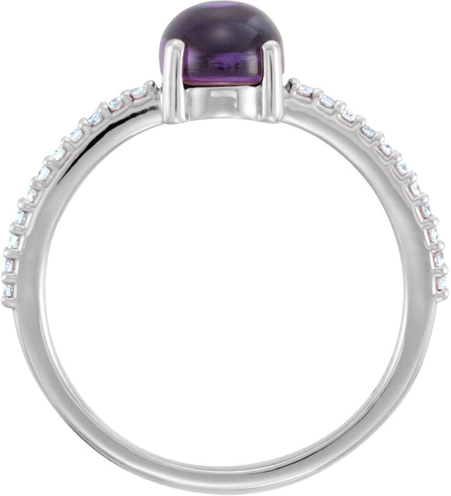 14K Gold Oval Natural Amethyst & Natural Diamond Accented Cabochon Ring - White Gold - view 2