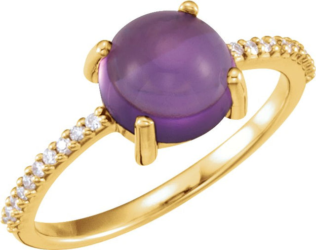 14K Gold Oval Natural Amethyst & Natural Diamond Accented Cabochon Ring - Yellow Gold