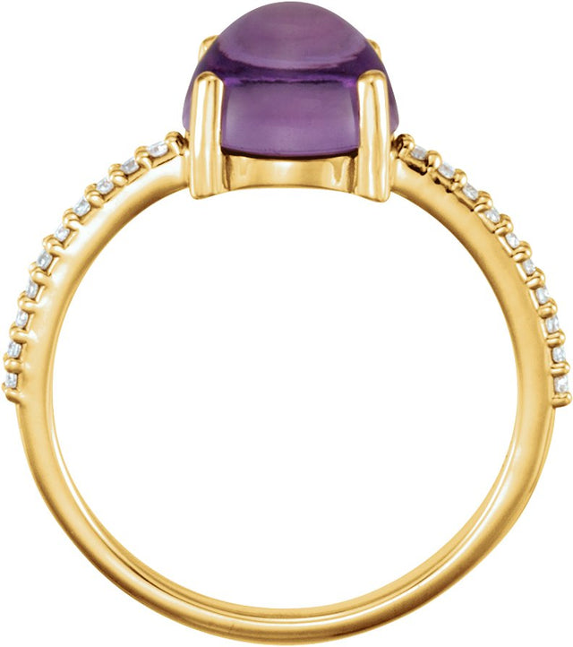 14K Gold Oval Natural Amethyst & Natural Diamond Accented Cabochon Ring - Yellow Gold - view 2