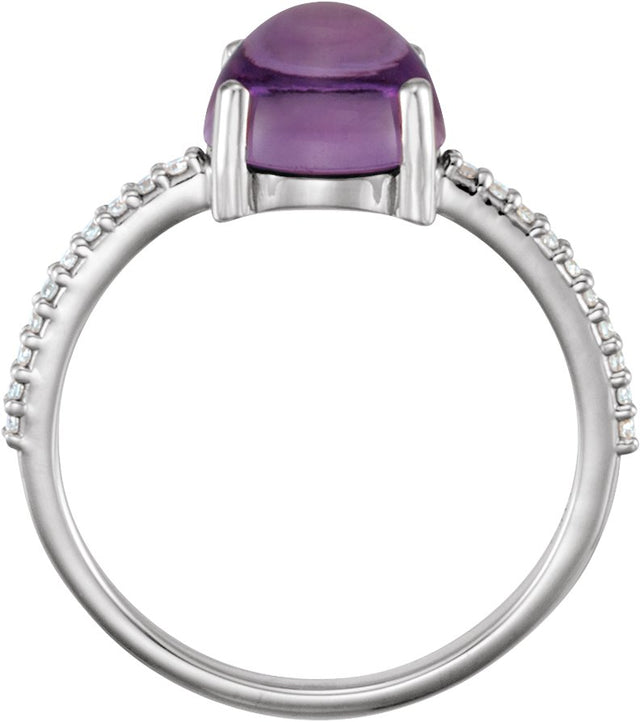 14K Gold Oval Natural Amethyst & Natural Diamond Accented Cabochon Ring - White Gold - view 2