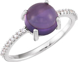 14K Gold Oval Natural Amethyst & Natural Diamond Accented Cabochon Ring - White Gold