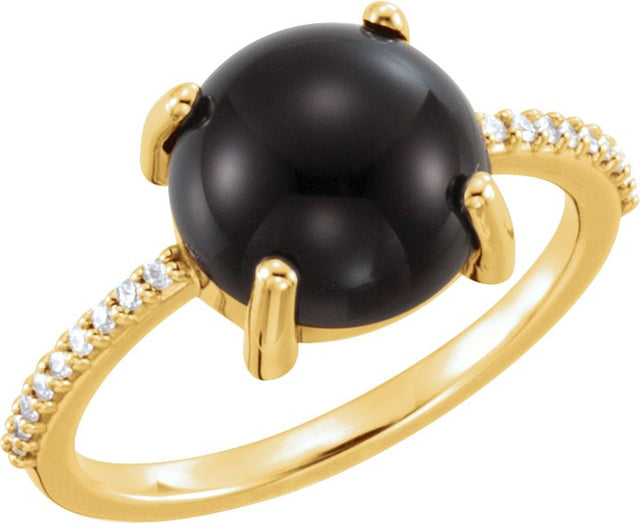14K Gold Oval Natural Black Onyx & Natural Diamond Accented Cabochon Ring - Yellow Gold