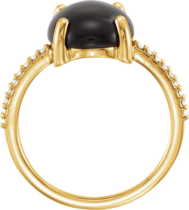 14K Gold Oval Natural Black Onyx & Natural Diamond Accented Cabochon Ring - Yellow Gold - view 2