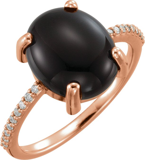 14K Gold Oval Natural Black Onyx & Natural Diamond Accented Cabochon Ring - Rose Gold